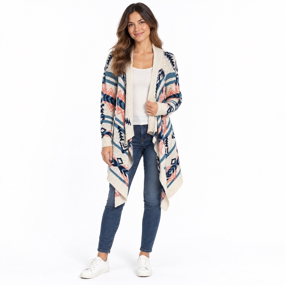 Hippie Rose Womens Aztec Print Cardigan Waterfall Cream Blue Size M